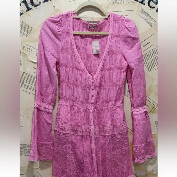 Free People Sweet Saloon Maxi Bodysuit Skirted Floral Mesh Lace BellSleeve Pink